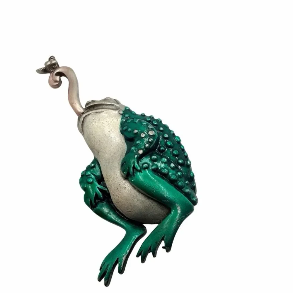 Vintage JJ Jonette Jewelry Green Enamel Frog Catching Fly Brooch